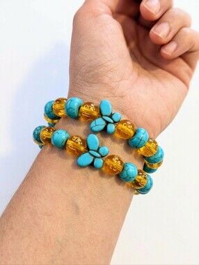 Turquoise & Amber Beaded Stretch Bracelet Set